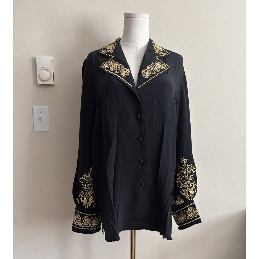 Diane von Furstenberg Medium Button Up Top Black Gold Floral Embroidered Silk